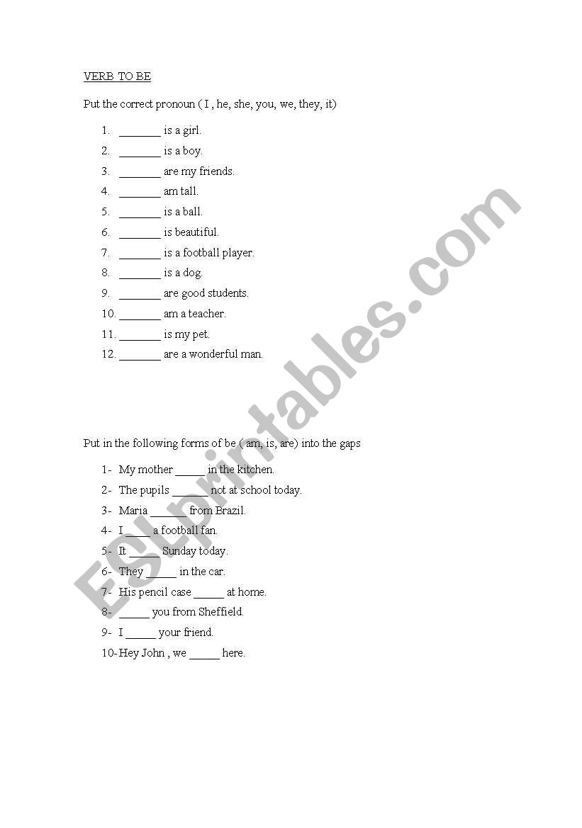 verb to be worksheet