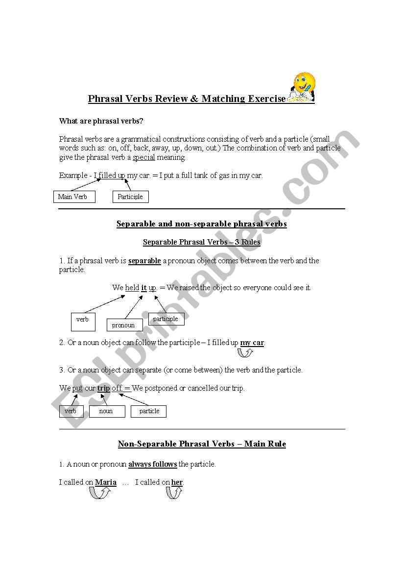 Phrasal Verbs - Review Lesson and Matching Exercise - Student Guide with Visuals - Matching Exercise and Answer Key Included