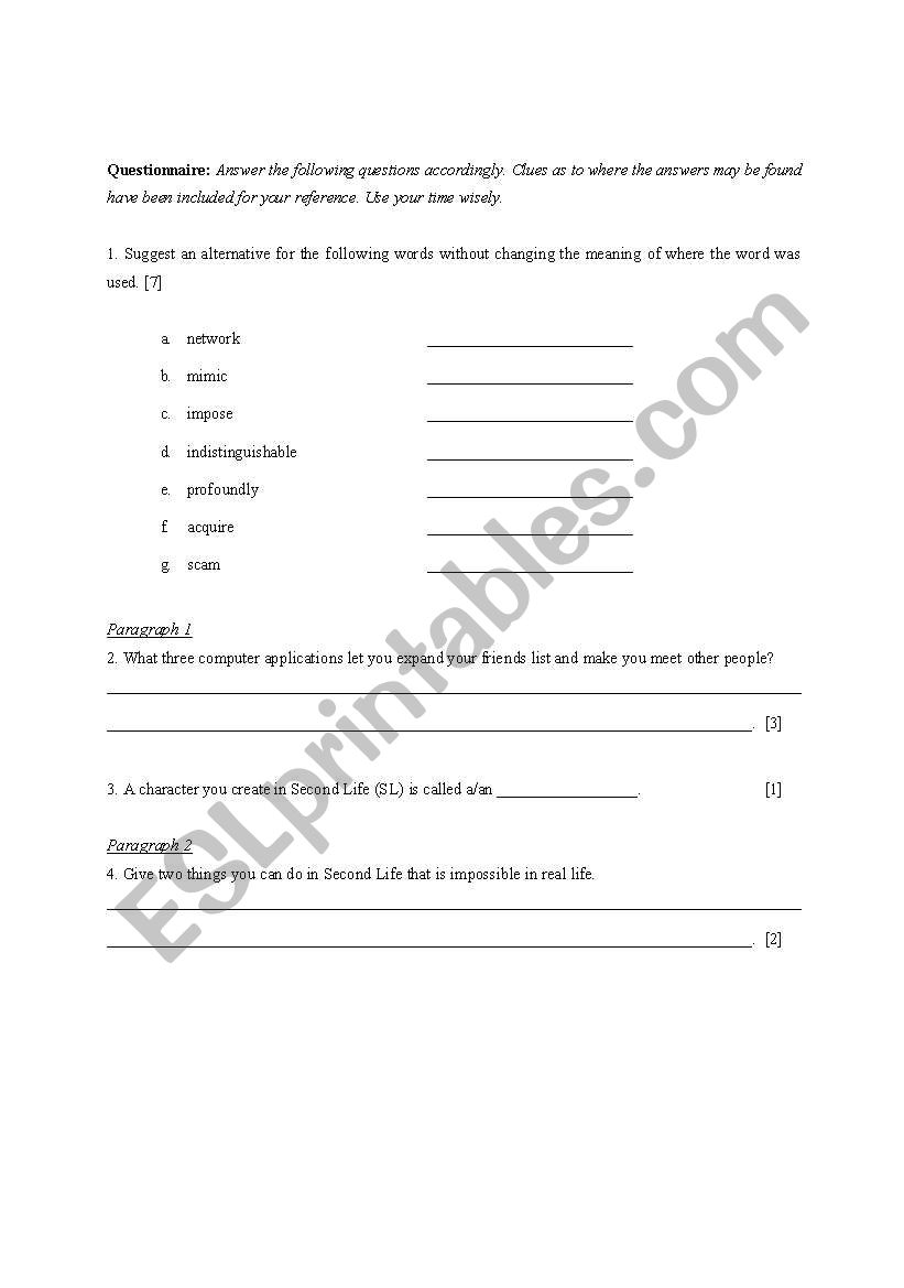 Second Life Questionnaire worksheet