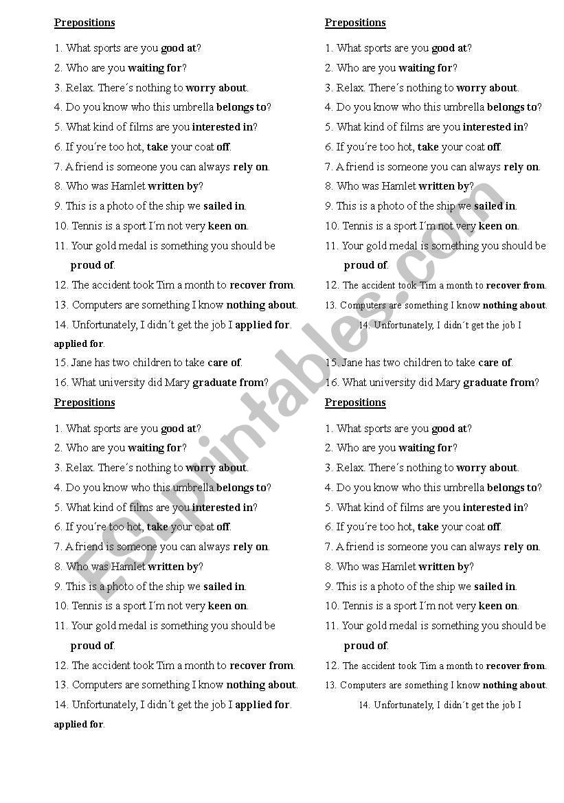 Prepositional BINGO worksheet