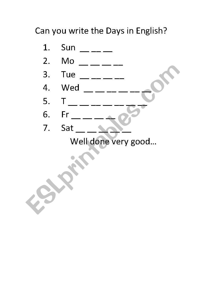 Spelling ...Gap fill.. days of the week