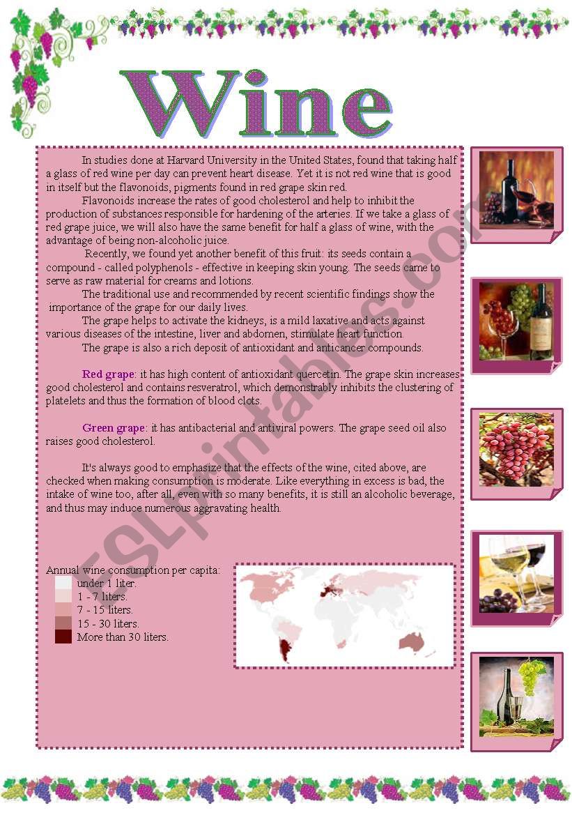 WINE (2 PAGES)TEXT +EXERCISES worksheet