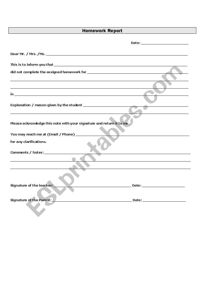 Homework report worksheet