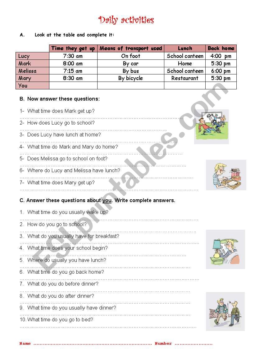 Daily activities - questions worksheet