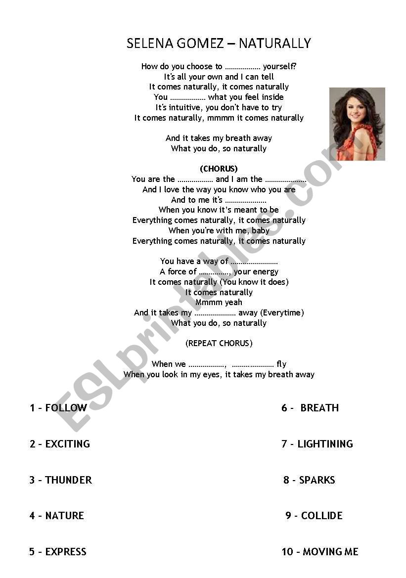 Selena Gomez Naturally worksheet