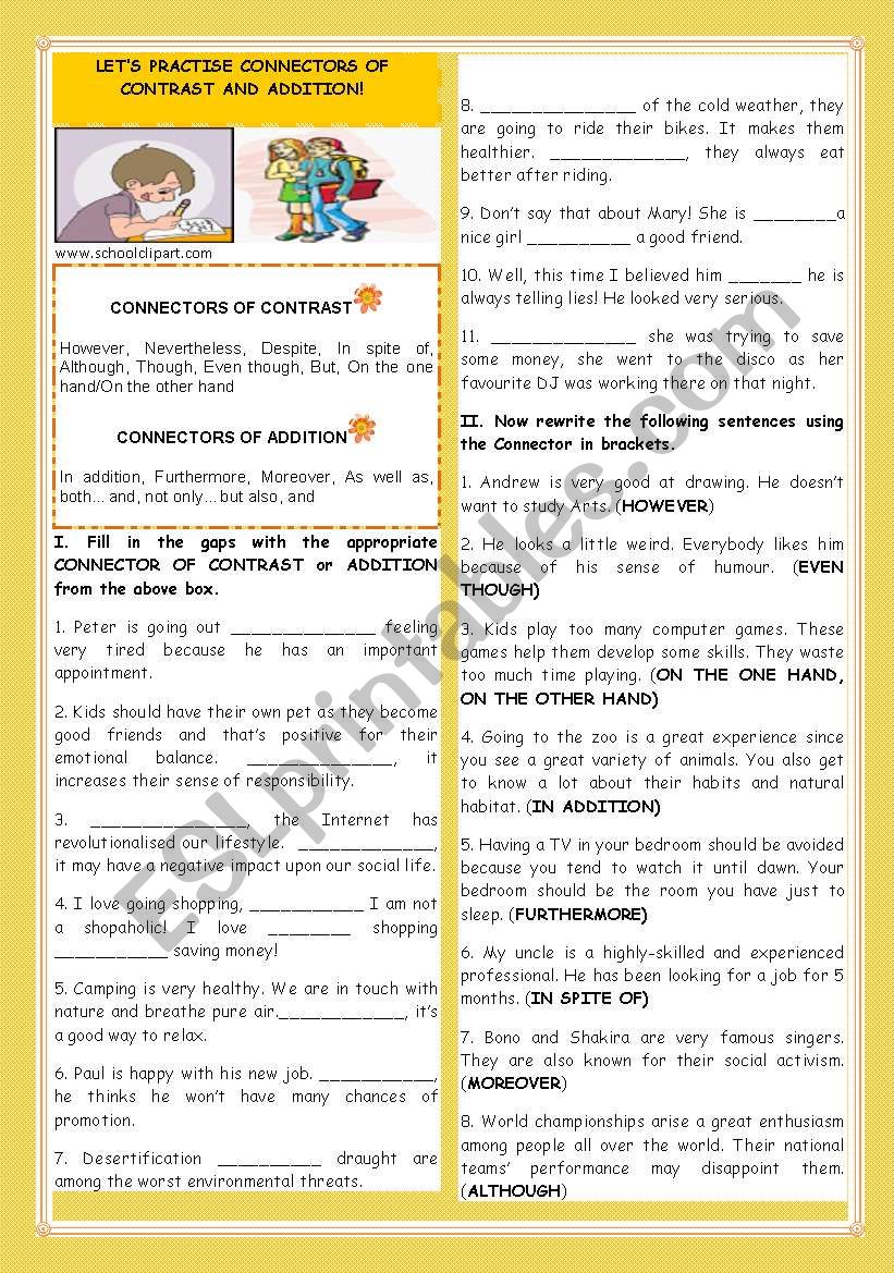 LET´S PRACTISE CONNECTORS OF CONTRAST AND ADDITION! ESL worksheet by