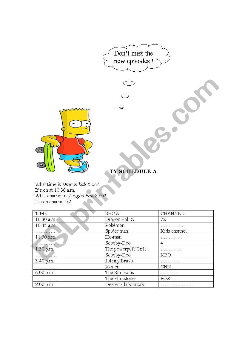 tv schedule  worksheet