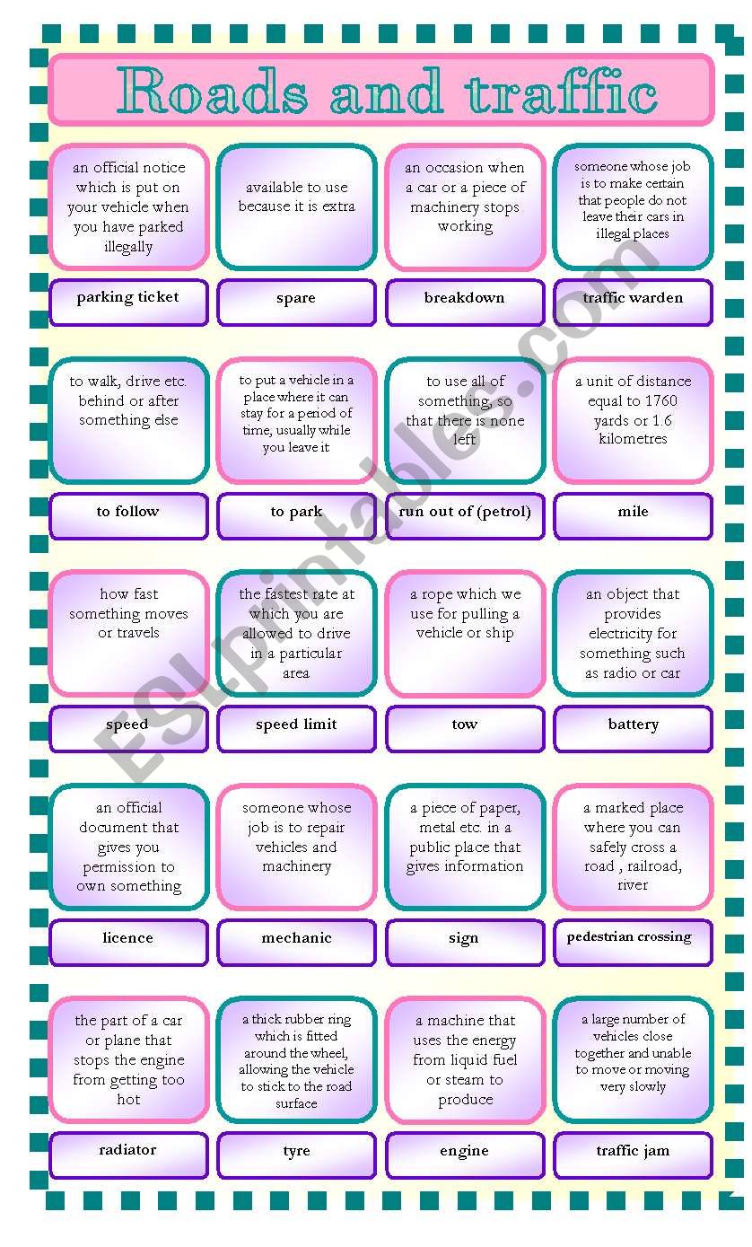 Roads and traffic. Vocabulary worksheet