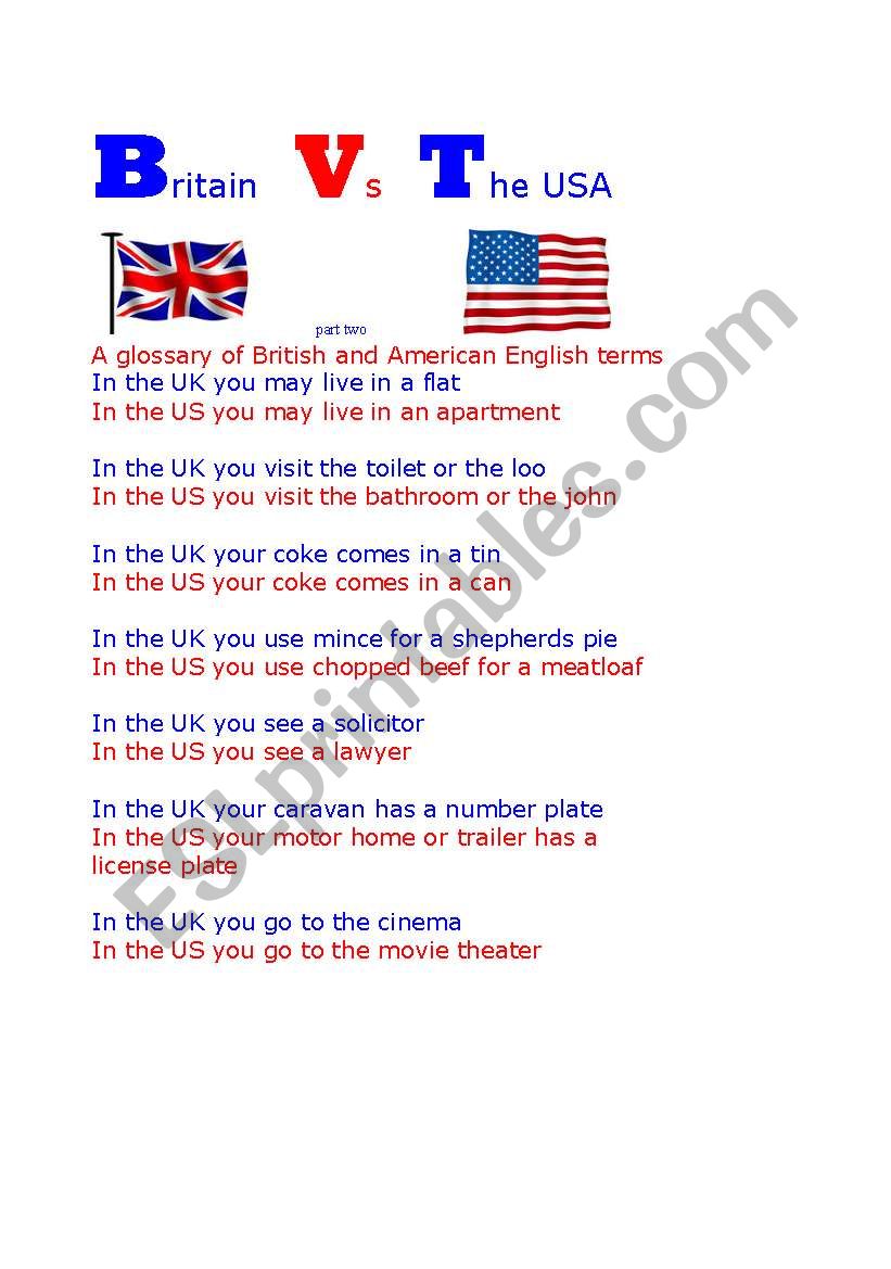 Britain Vs the USA part two worksheet