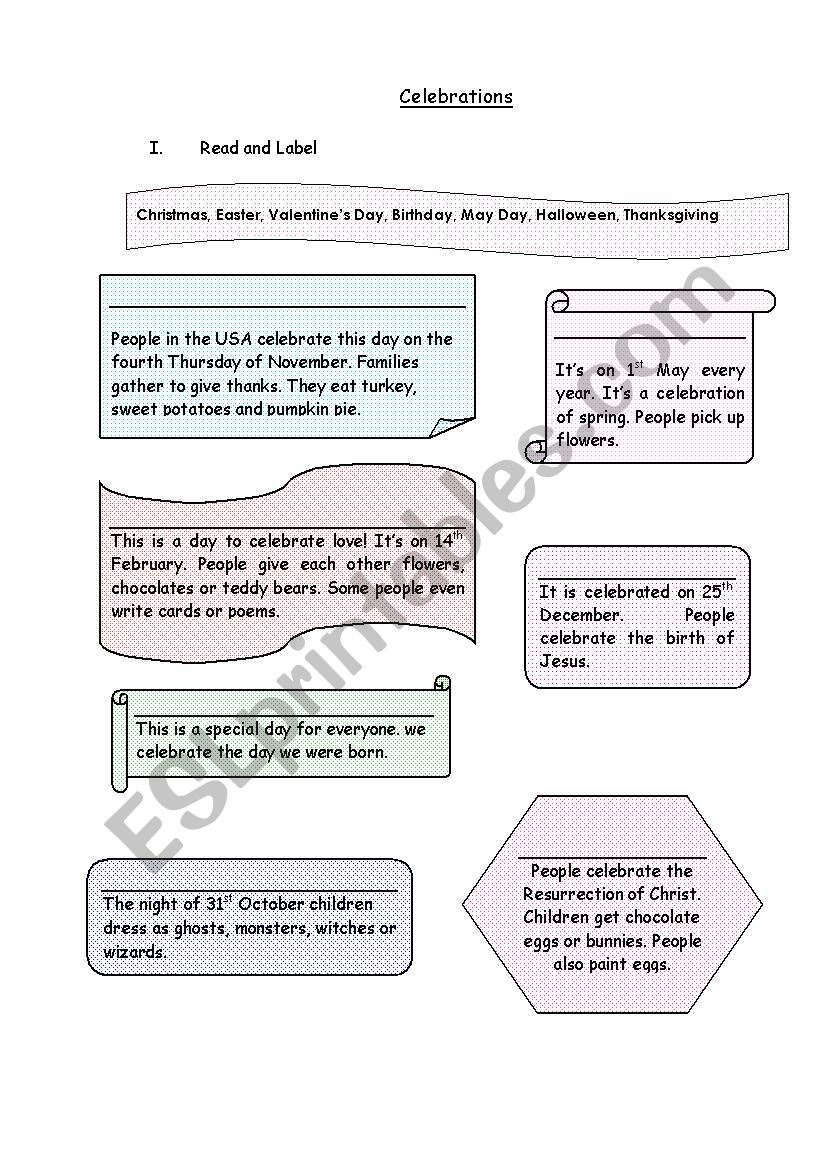 celebrations worksheet