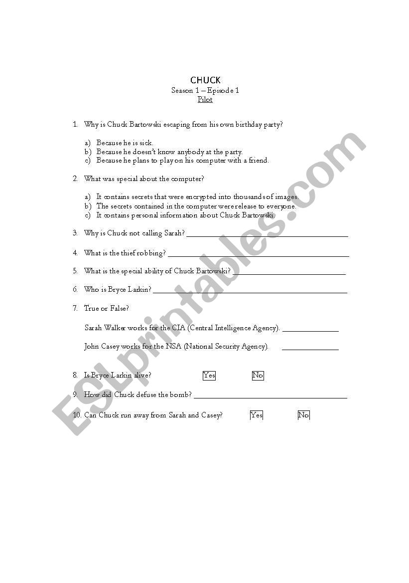 Chuck Episode 1 worksheet