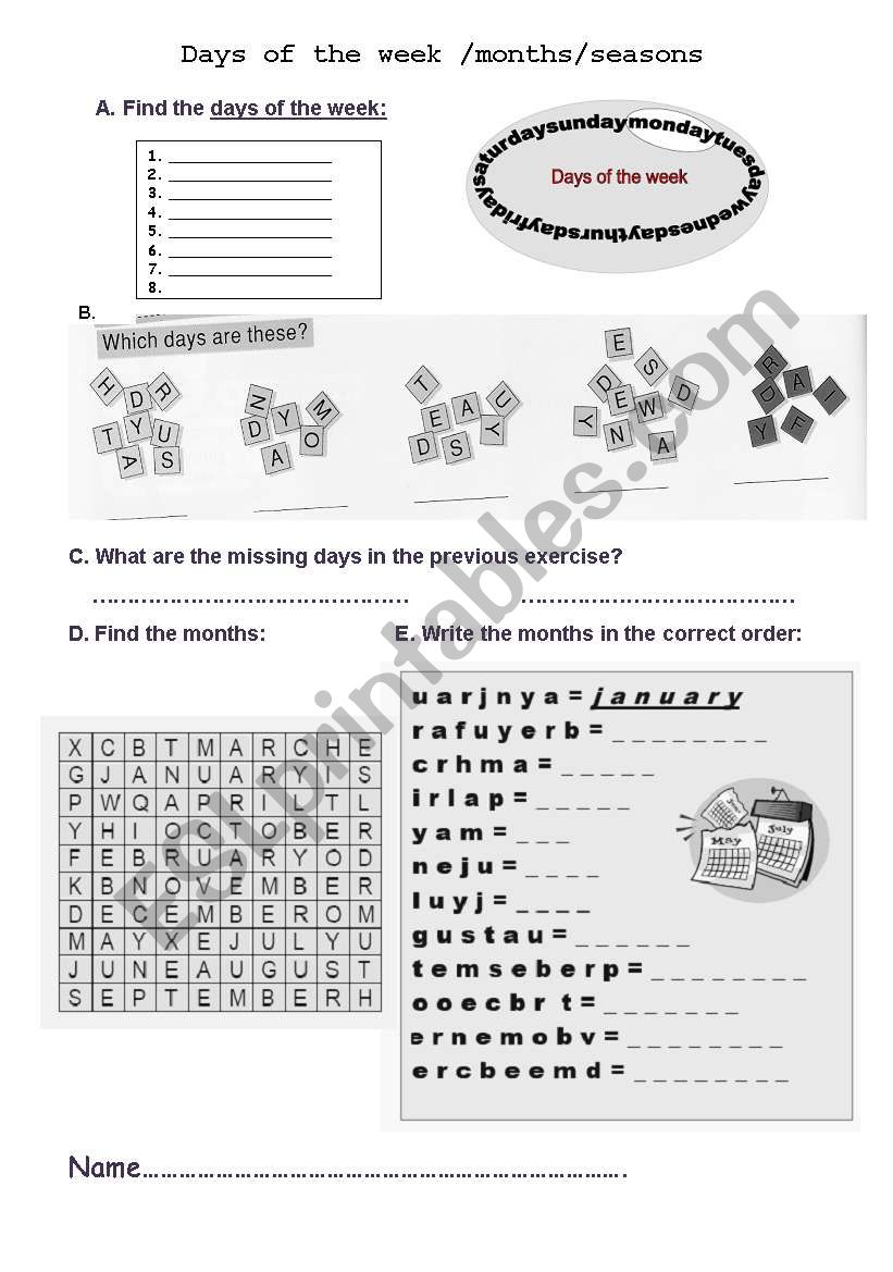 Days and months worksheet