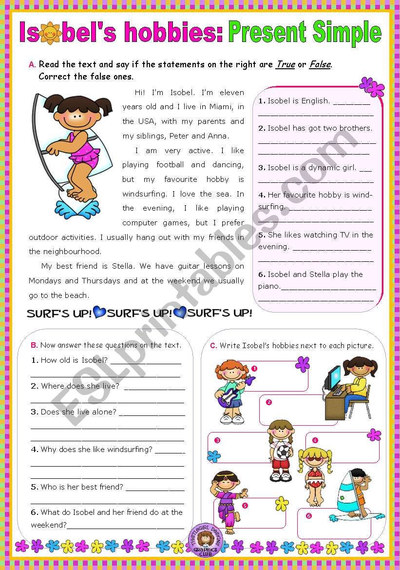 Isobels hobbies (Simple Present)  -  Reading Comprehension leading to Writing