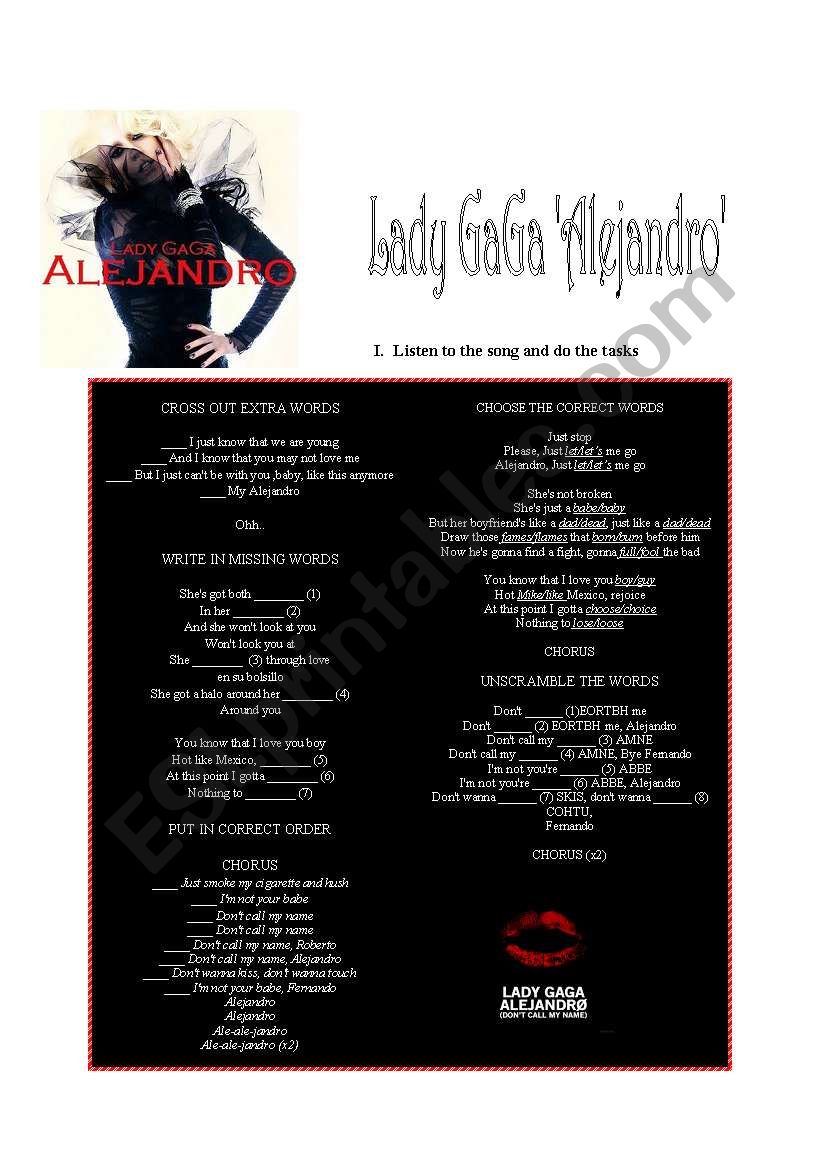 LADY GAGA ALEJANDRO ---- SONG-BASED ACTIVITY--- FULLY EDITABLE --- ANSWER KEY INCLUDED!!