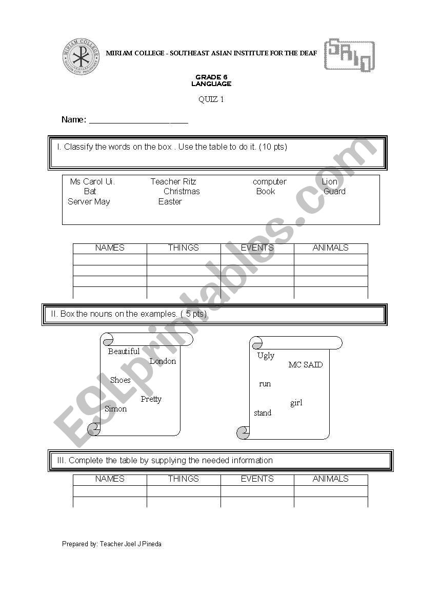 Sample Quiz worksheet