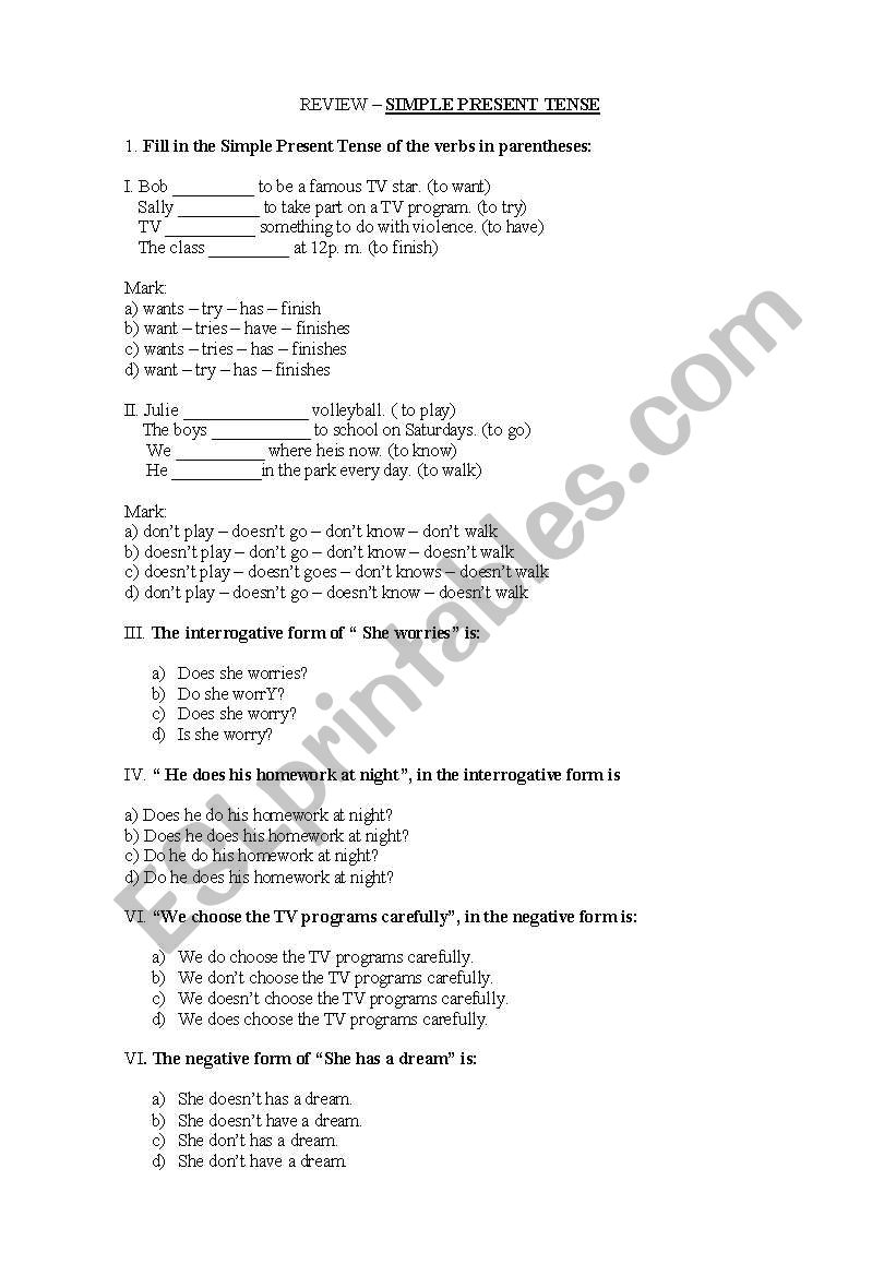SIMPLE PRESENT TENSE - REVIEW EXERCISES