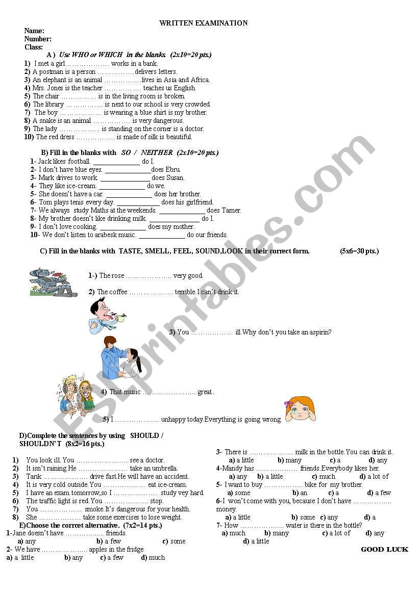 written exam worksheet