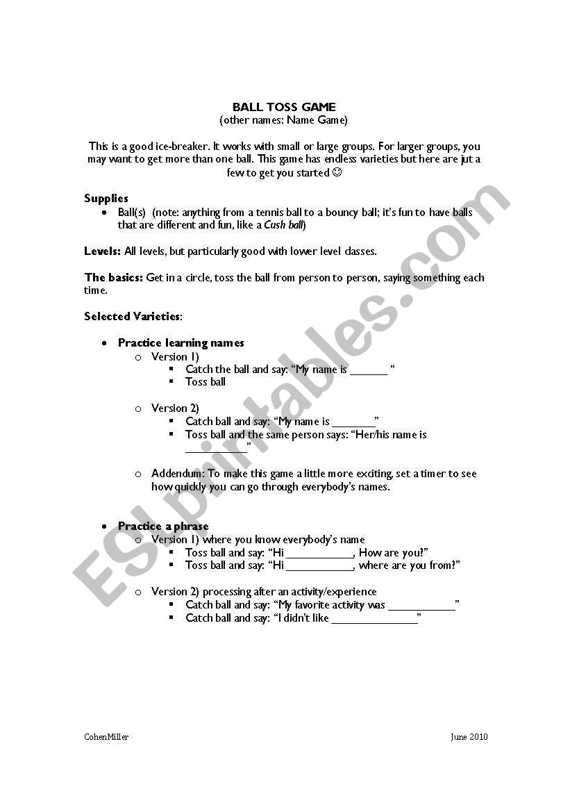 Ball Toss Game worksheet
