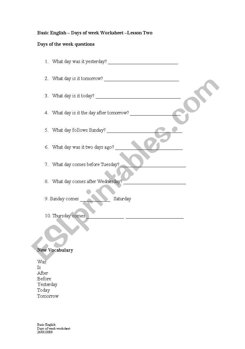 Days of the week  worksheet