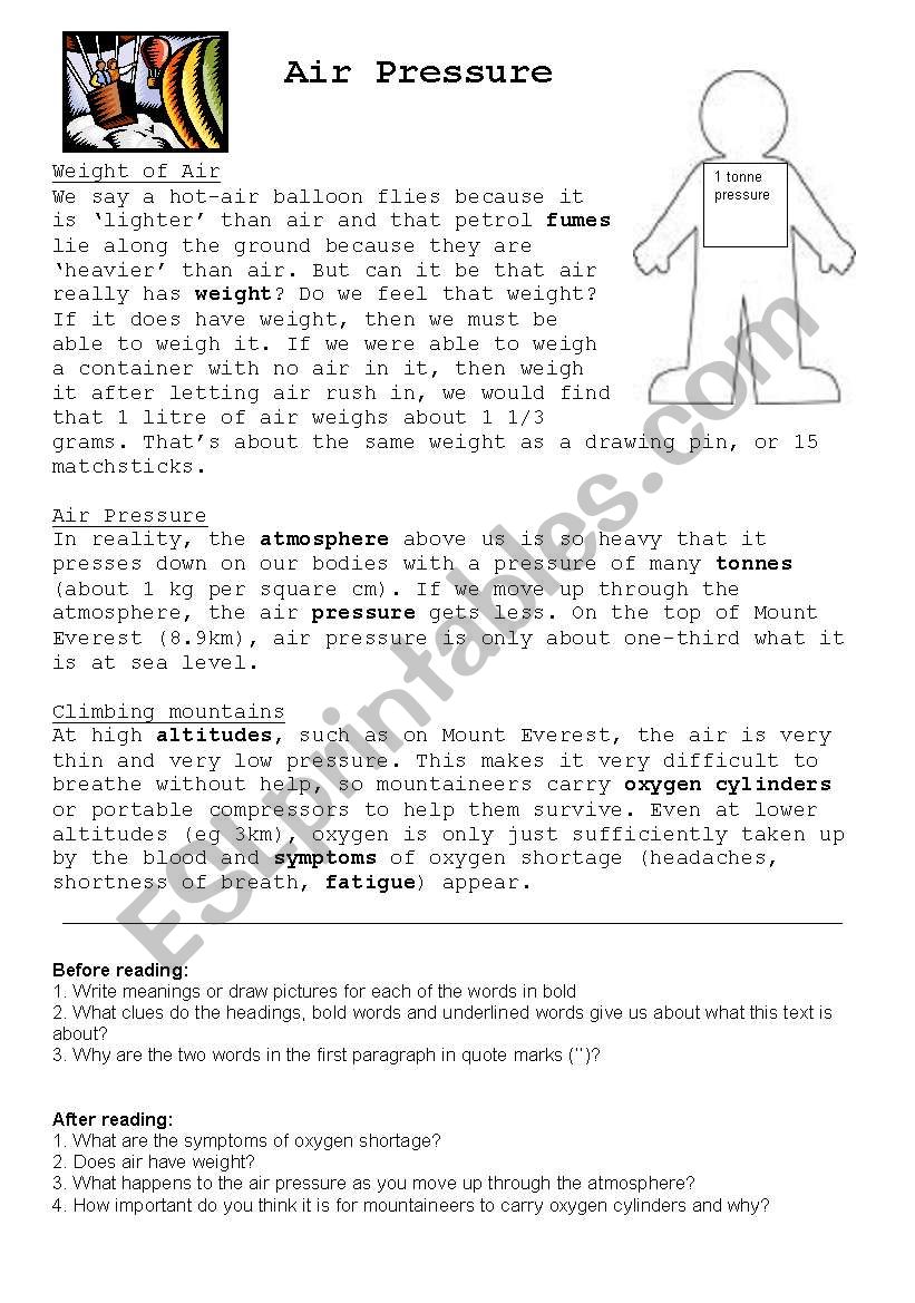 Air Pressure reading worksheet