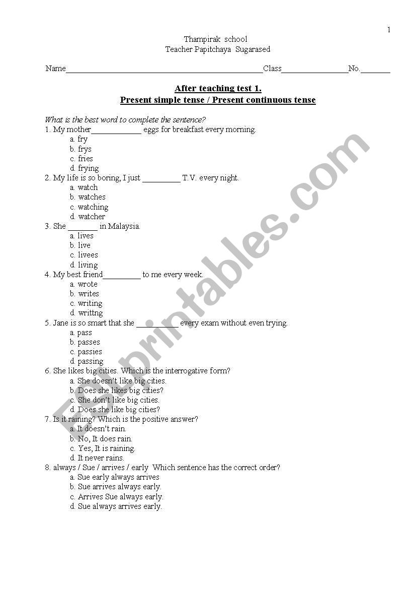 present simple tense choices worksheet