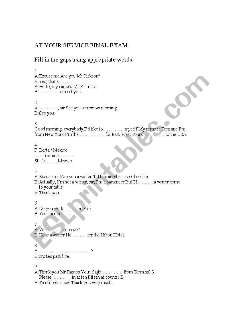 At your service Final Exam worksheet
