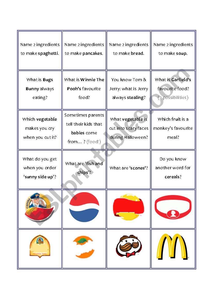 Food game - game cards worksheet