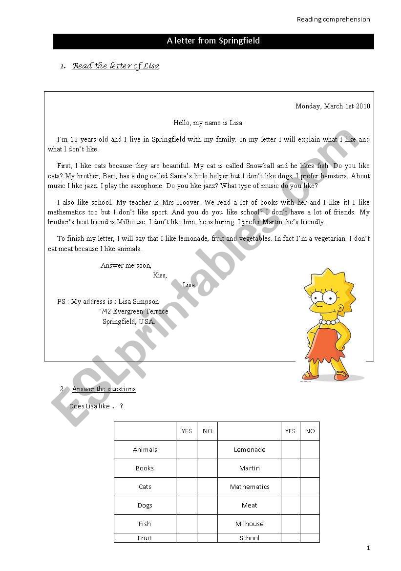 A letter from Springfield worksheet