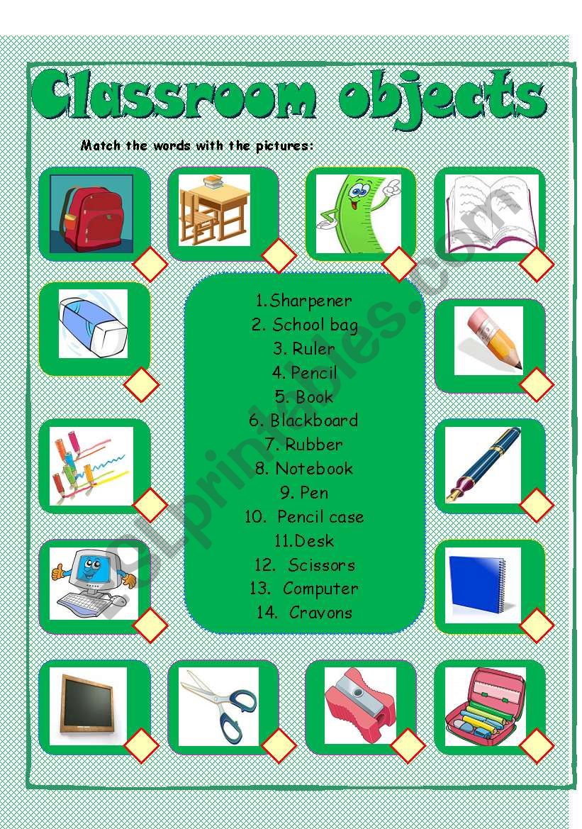 Classroom objects - matching worksheet