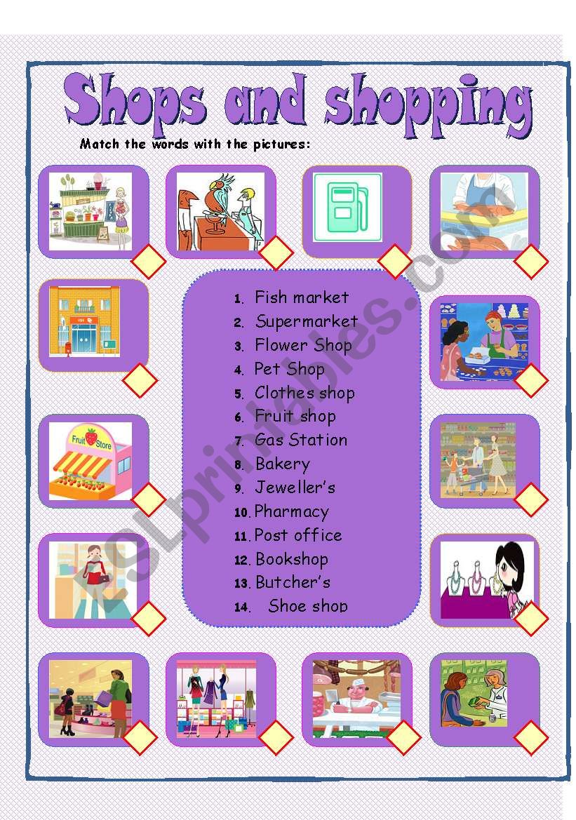 Shops and shopping - matching worksheet