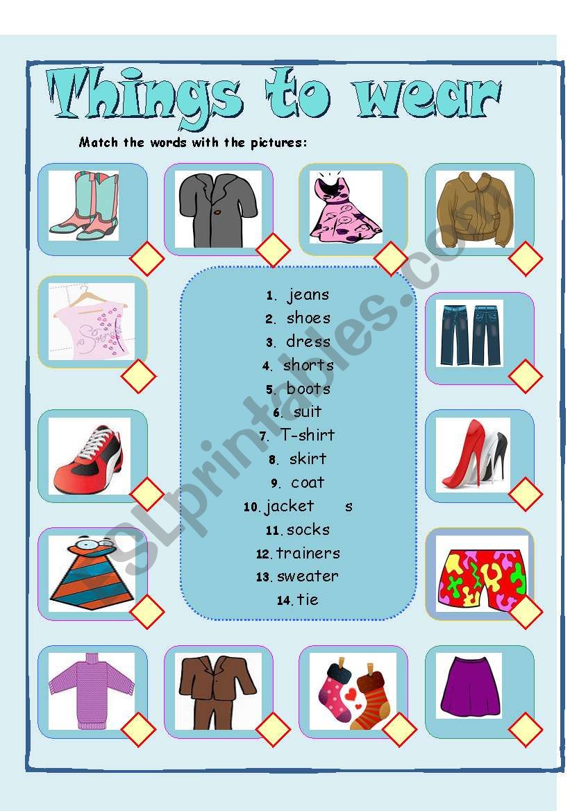 Things to wear - matching worksheet