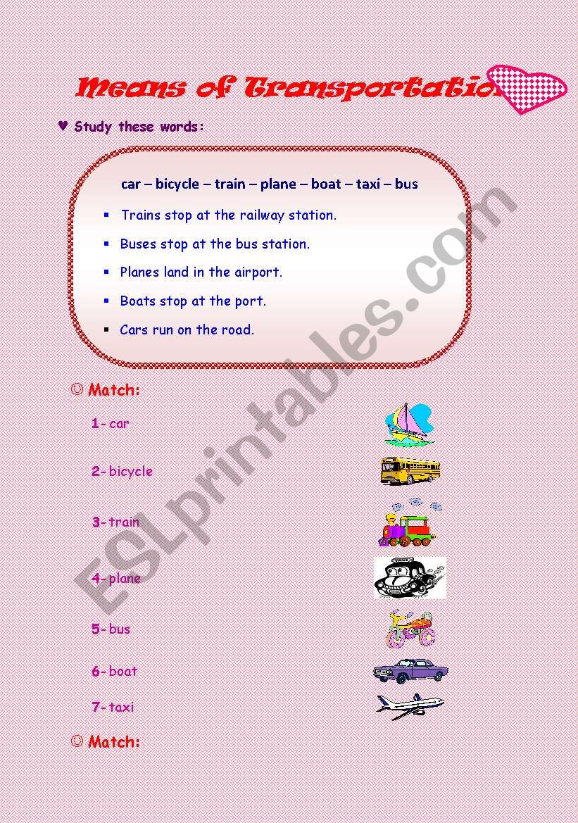 Means of transportation worksheet