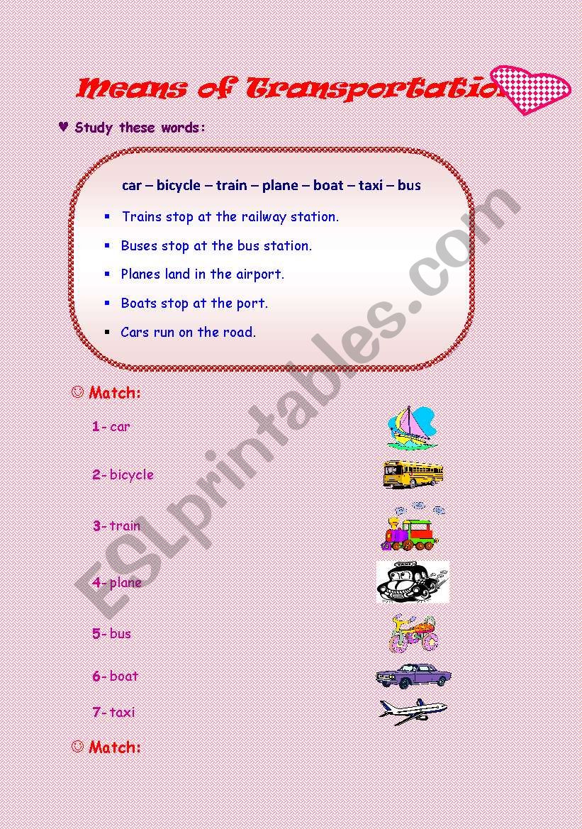 Means of transportation worksheet