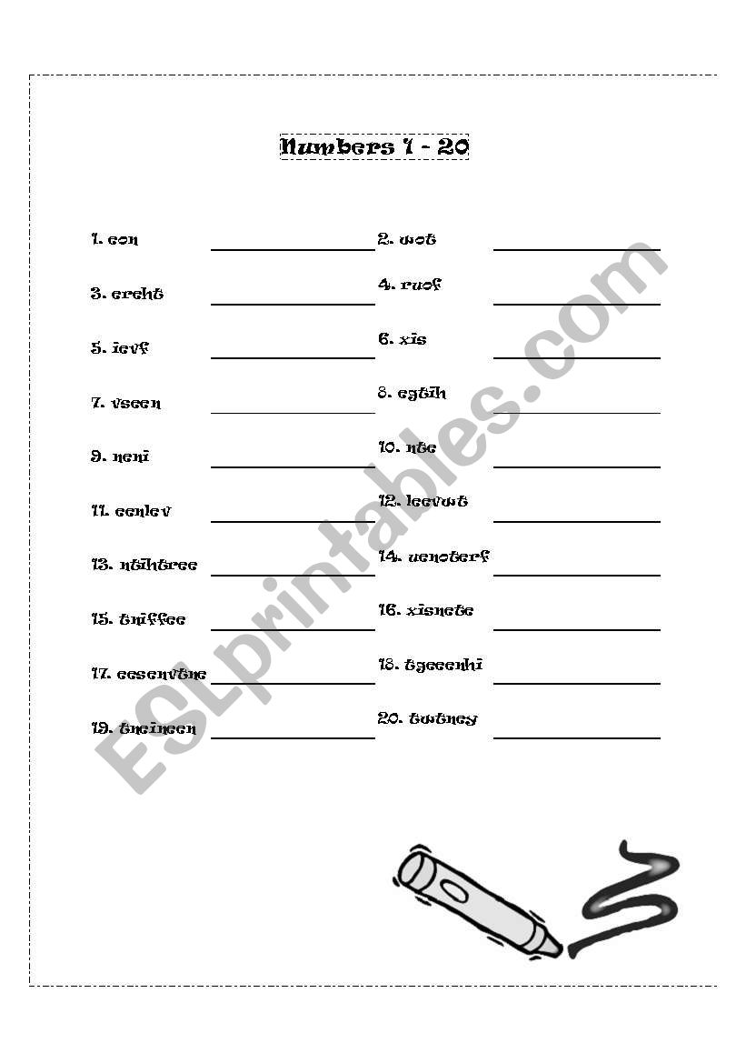 Number Scramble 1 -20  worksheet