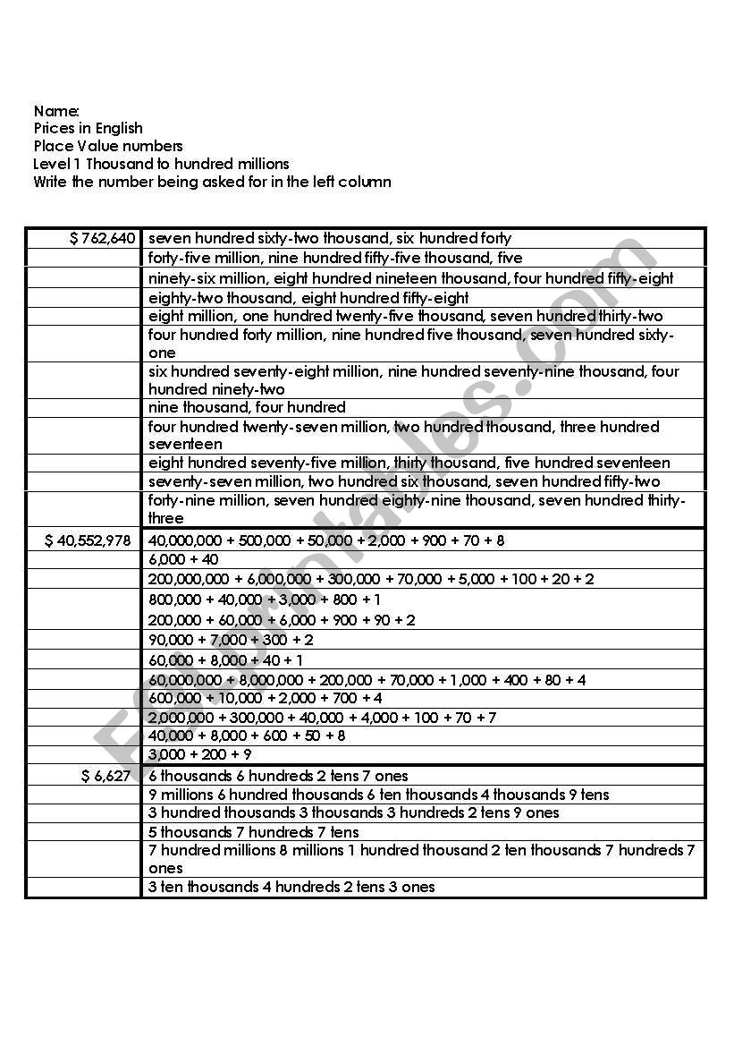 decimal places test paper worksheet