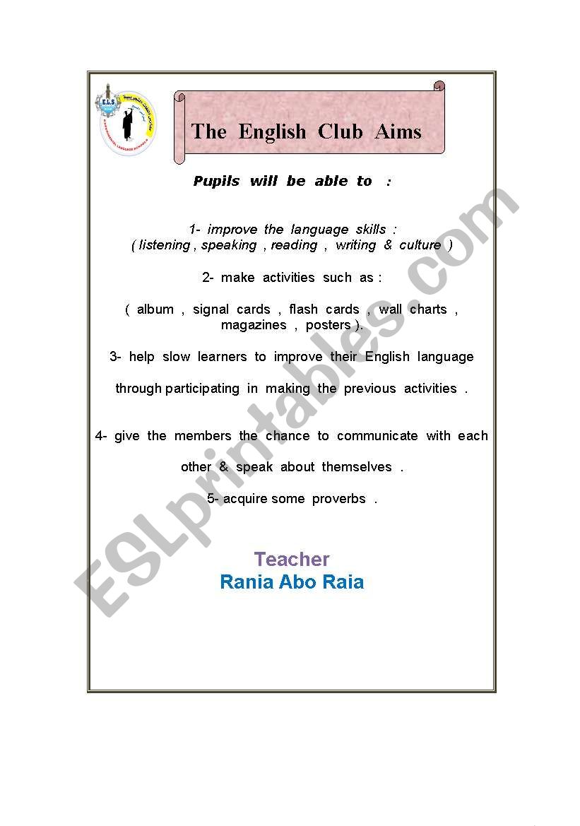 The English club aims worksheet