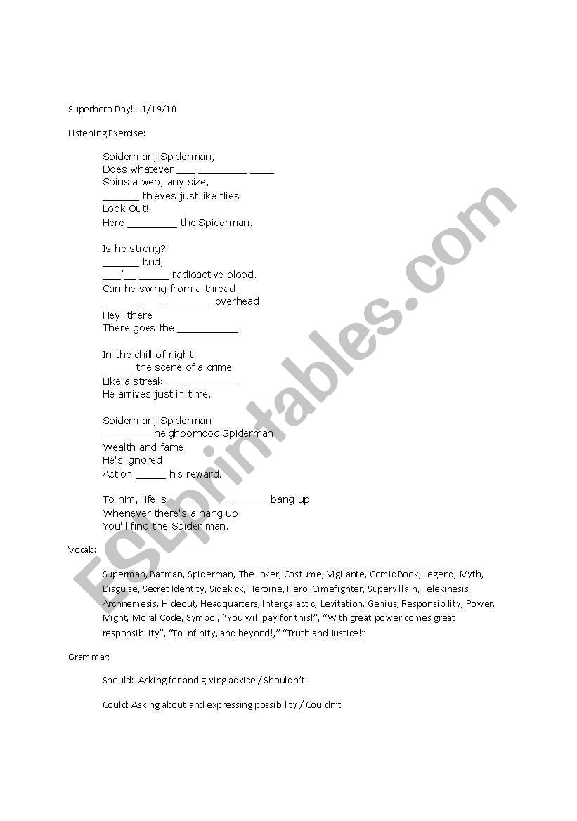 Superhero Day worksheet