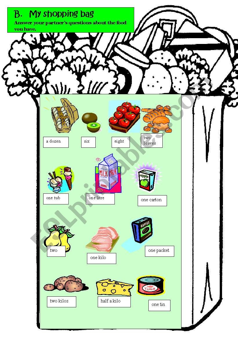 Shopping bag - uncountable and countable food, quantities, fully editable