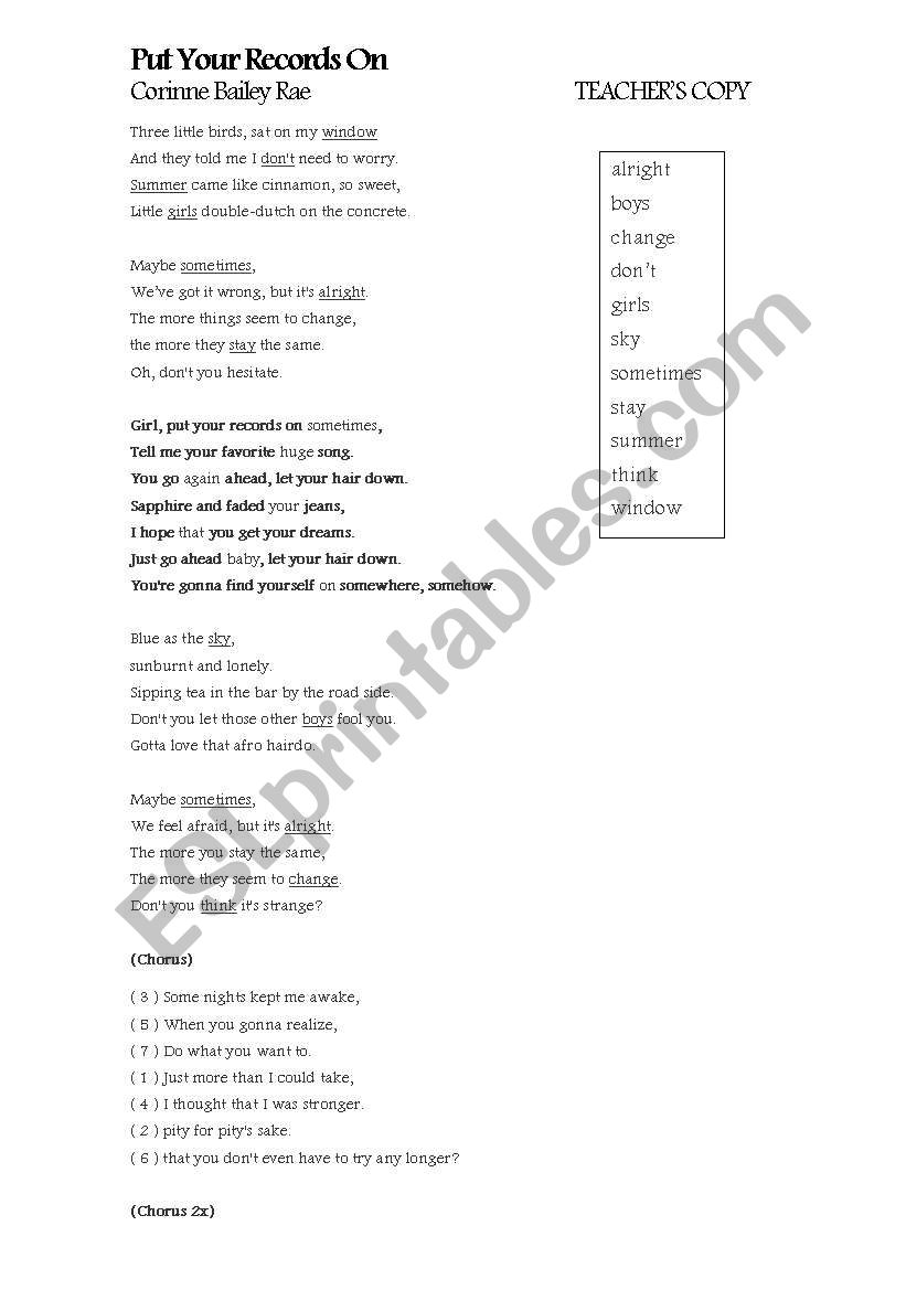 Song - Put Your Records On worksheet