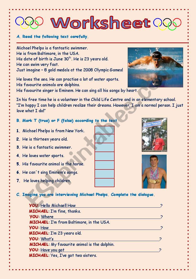 Michael Phelps worksheet
