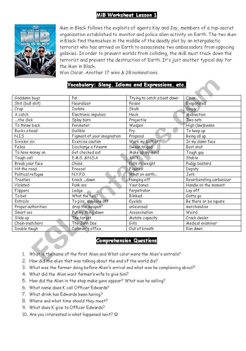 Men in Black worksheet