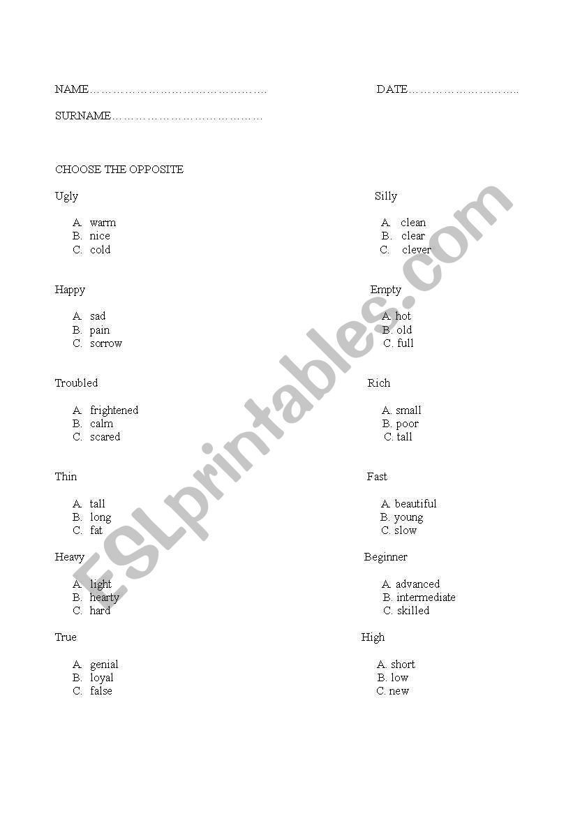 MULTIPLE CHOICE worksheet