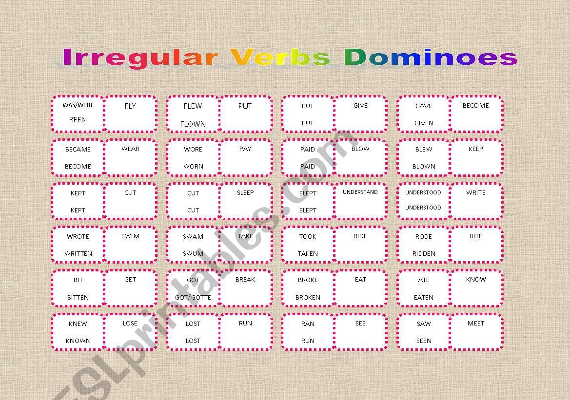 IRREGULAR VERBS DOMINOES (fully editable) 100 irregular verbs