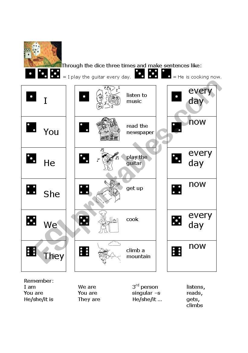 Present continous and a dice worksheet