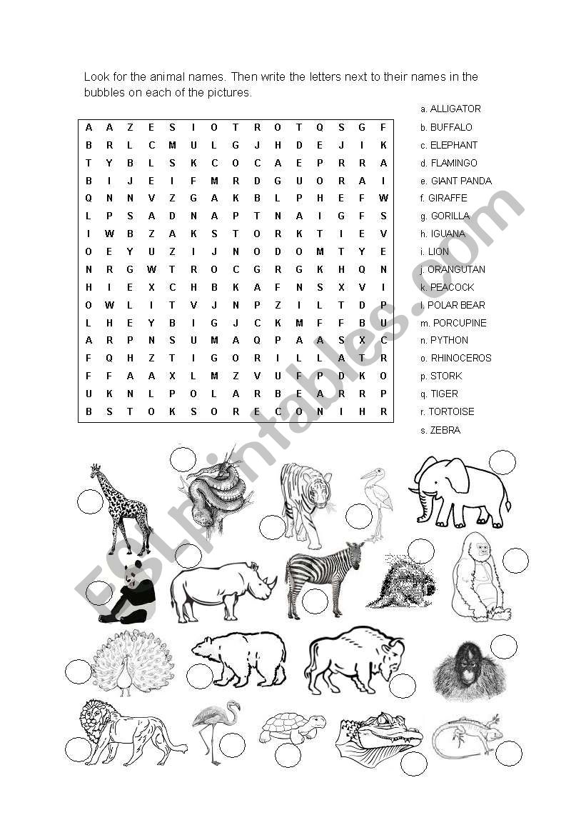Word search - animals worksheet