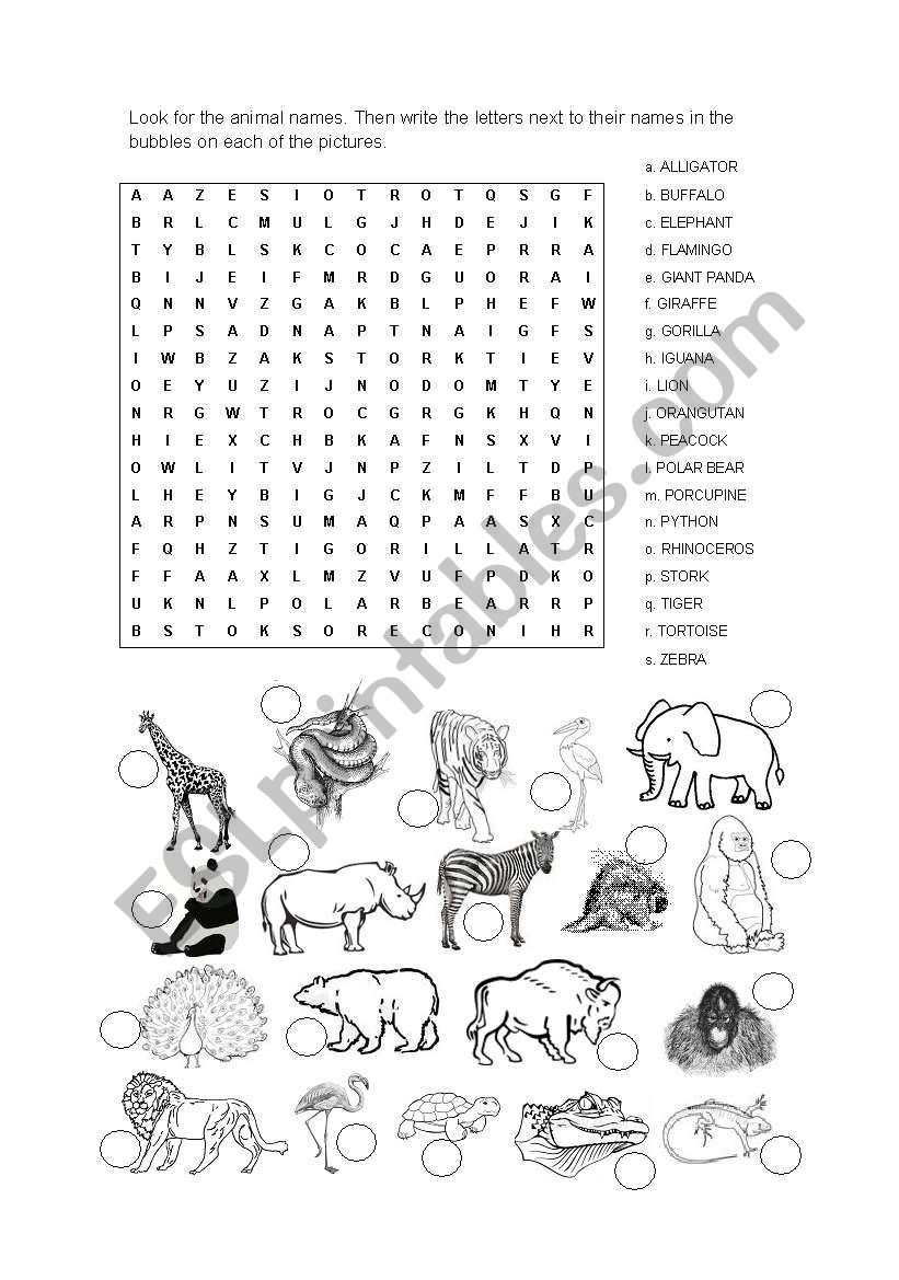 Word search - animals worksheet