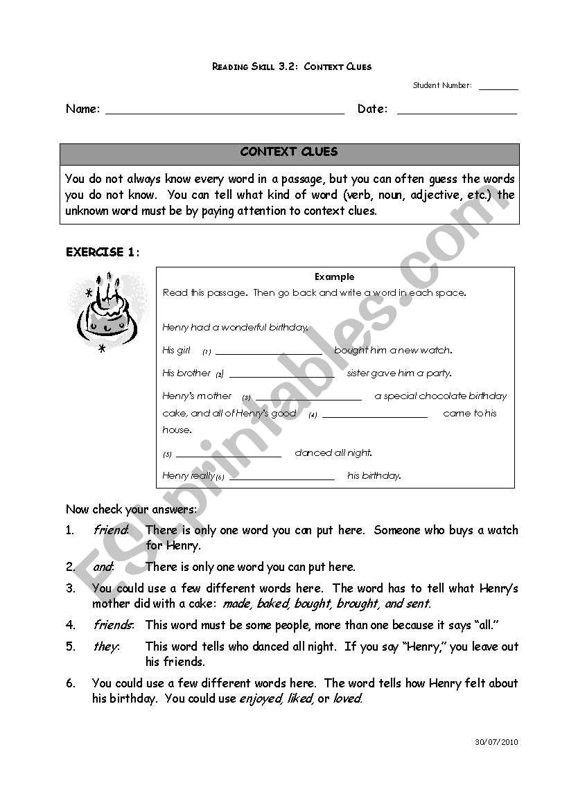 Context Clues worksheet