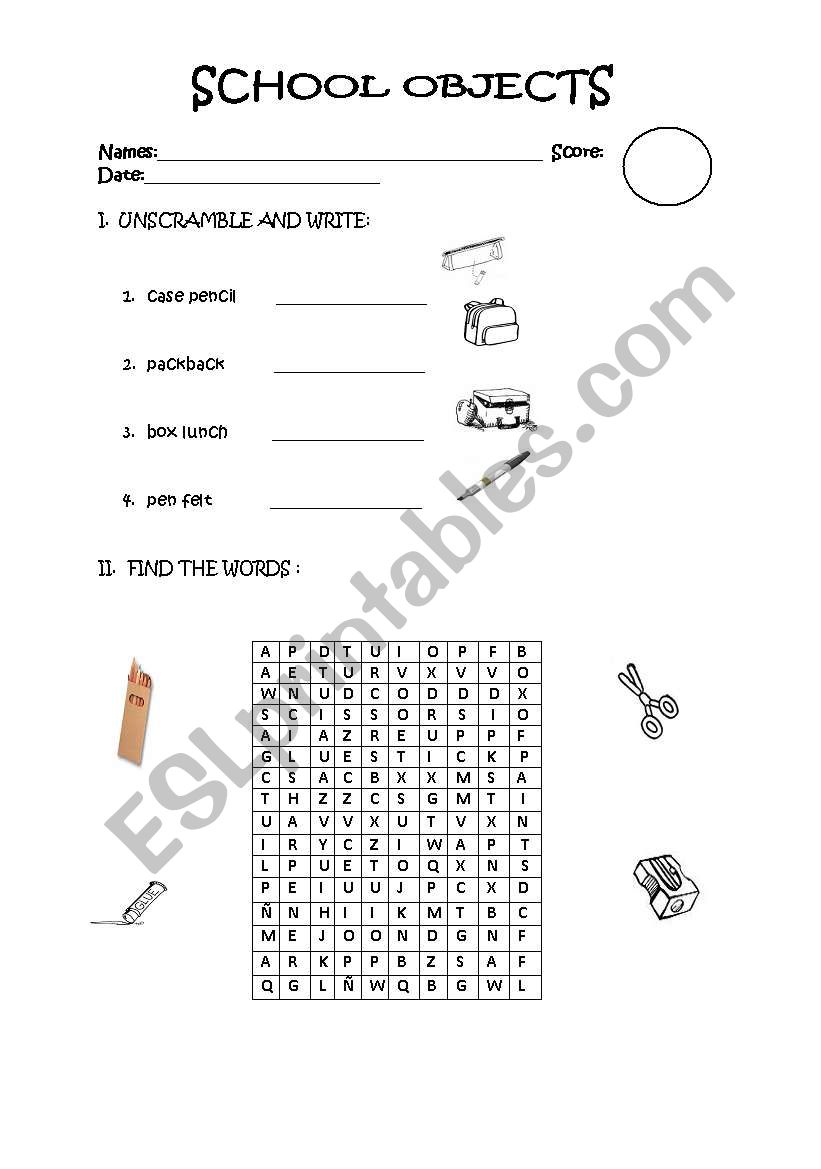 SCHOOL OBJECTS worksheet