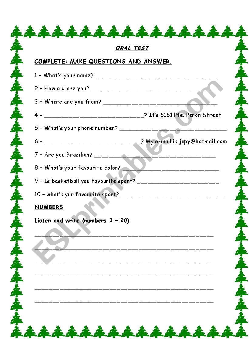 TEST: ORAL worksheet