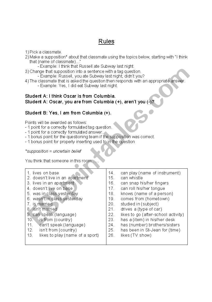 Tag Question Game ESL worksheet by rustypedalbike